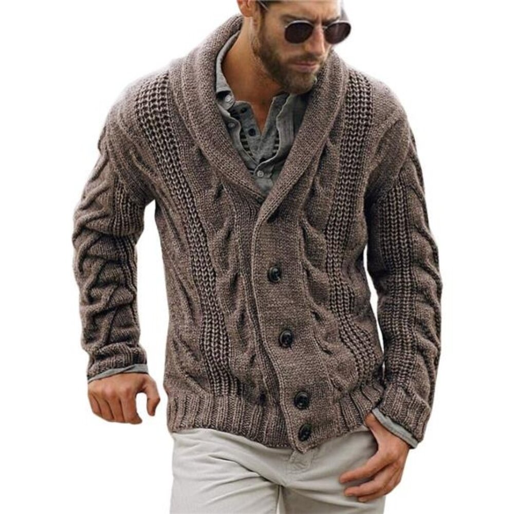 Mens Cable Knit Cardigan Sweater Shawl Collar Loose Fit Long Sleeve Cardigans